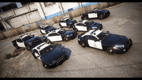A fleet of lore-friendly LSPD-style police patrol cars lined up in FiveM